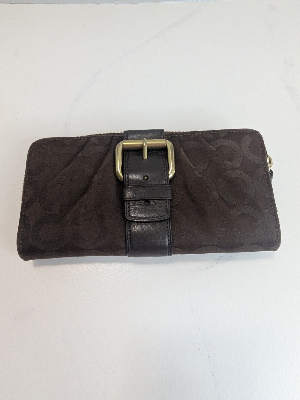 COACH Brown “Brooke” Sateen Buckle OP ART Zip Around Wallet